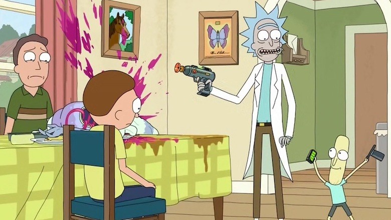 Jerry looking at dead parasite, Rick holding gun next to Mr. Poopy Butthole