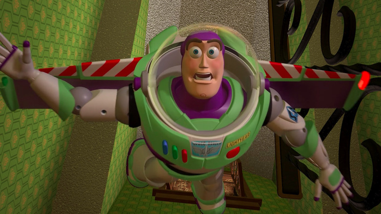 Buzz Lightyear falling toward a staircase