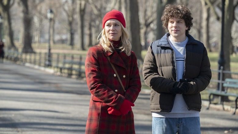 Claire Danes Jesse Eisenberg coats hats outside