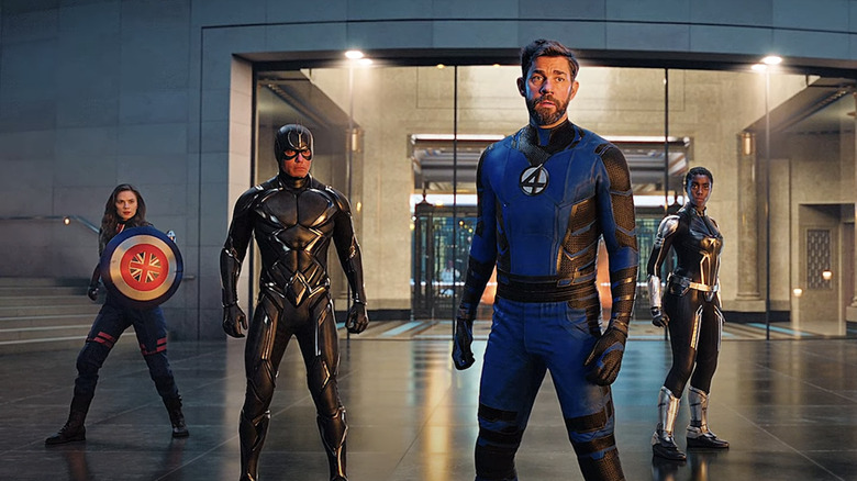 Captain Carter, Black Bolt, Mister Fantastic, and Captain Marvel stand in a line