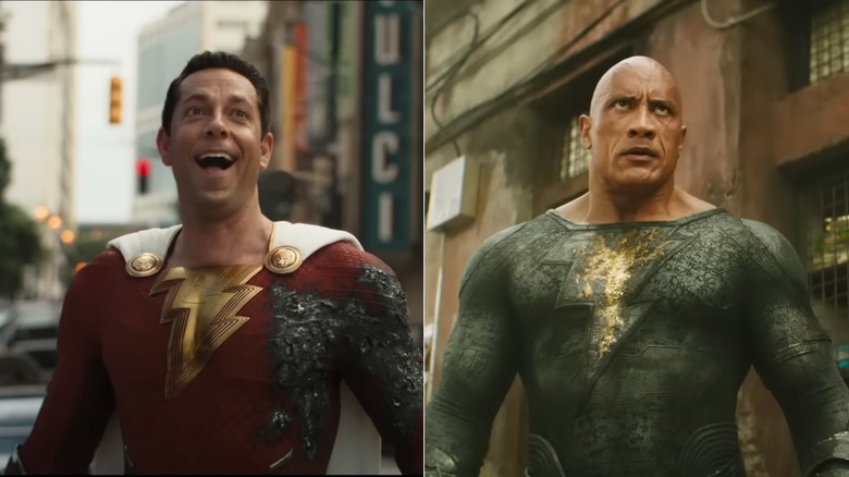 Split image of Shazam and Black Adam looking up