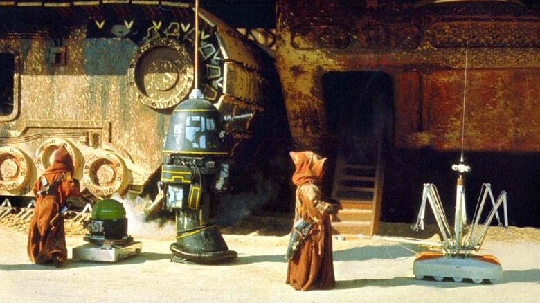 Jawas selling droids outside a sandcrawler