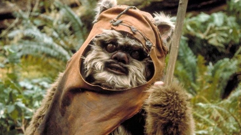 Wicket the Ewok standing in the forest of Endor