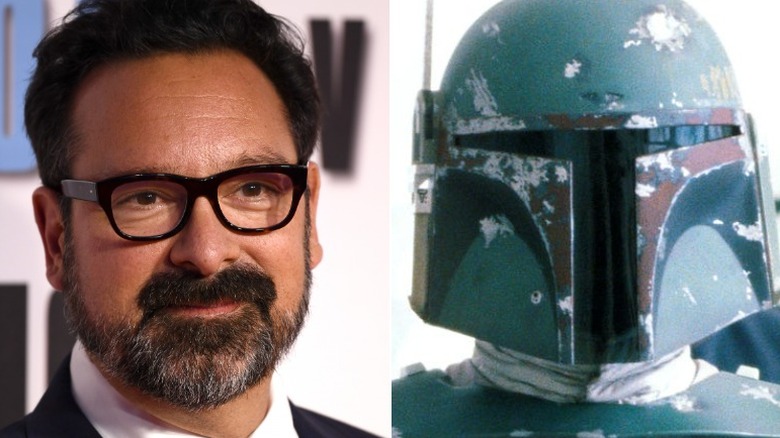 James Mangold on red carpet/Boba Fett helmet in close-up