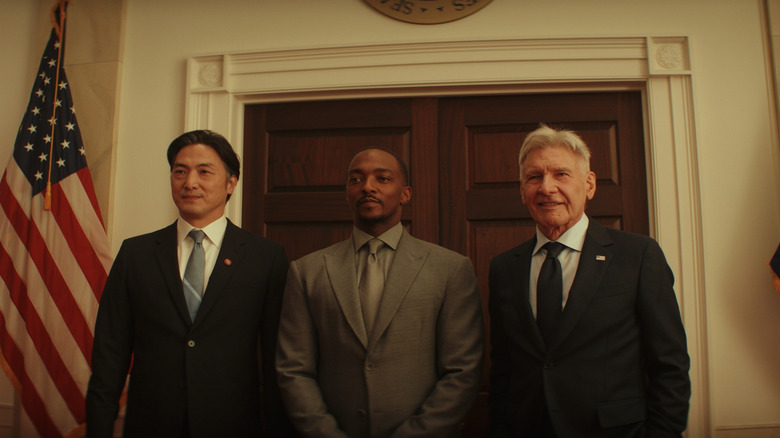 Captain America standing with the President and Prime MInister of Japan