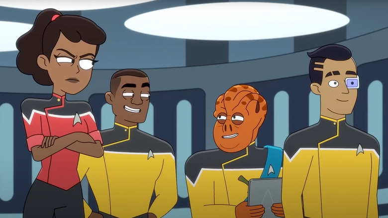 Beckett Mariner, Jet, Sam Rutherford, and Kayshon on a telepad in Star Trek Lower Decks
