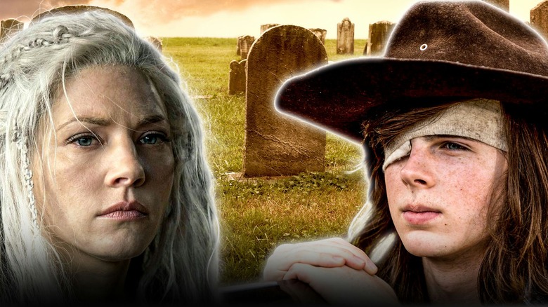 Side by side photos of Carl Grimes in The Walking Dead and Lagertha in Vikings