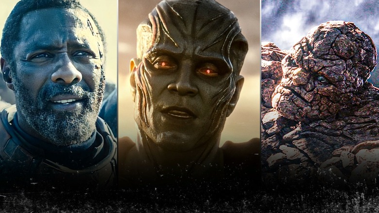 side by side photos of Idris Elba as Bloodsport, Harry Lennix as Martian Manhunter, and The Thing