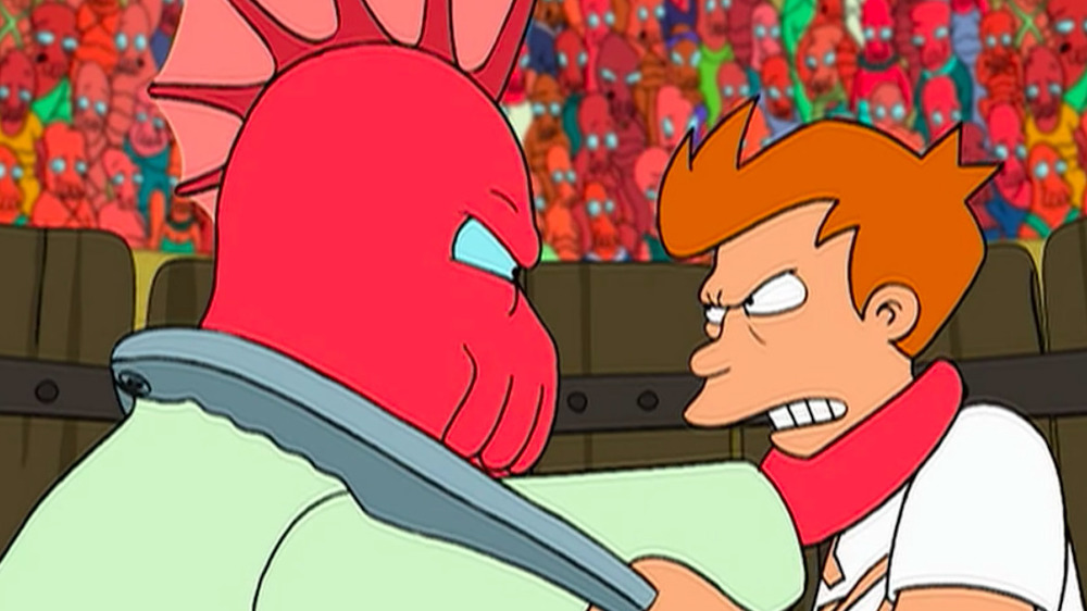 Fry and Zoidberg fighting