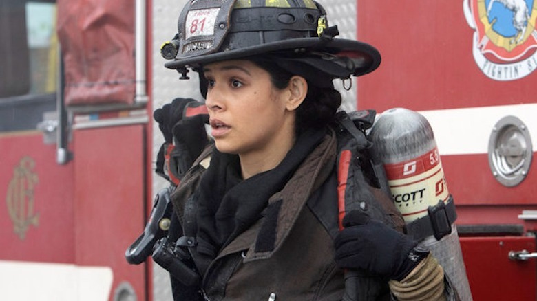 Stella Kidd wearing her firefighter gear