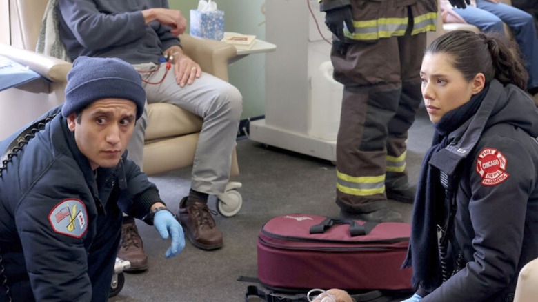 Violet and Jared treat a patient on "Chicago Fire"