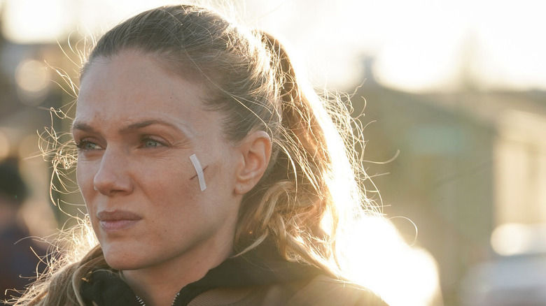 Detective Hayley Upton with a cut on her face