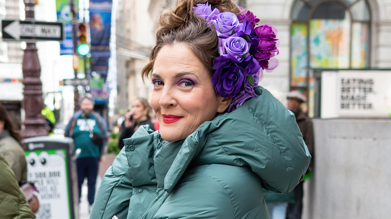 Drew Barrymore wearing puffer