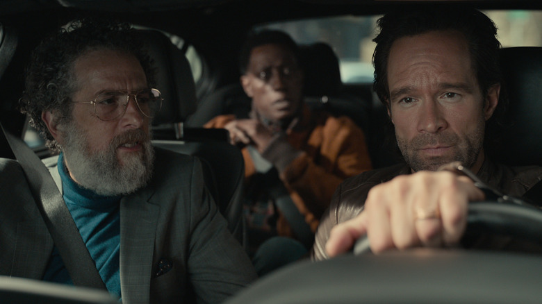 John Ales, Wesley Snipes and Chris Diamantopoulos inside a car in "True Story"