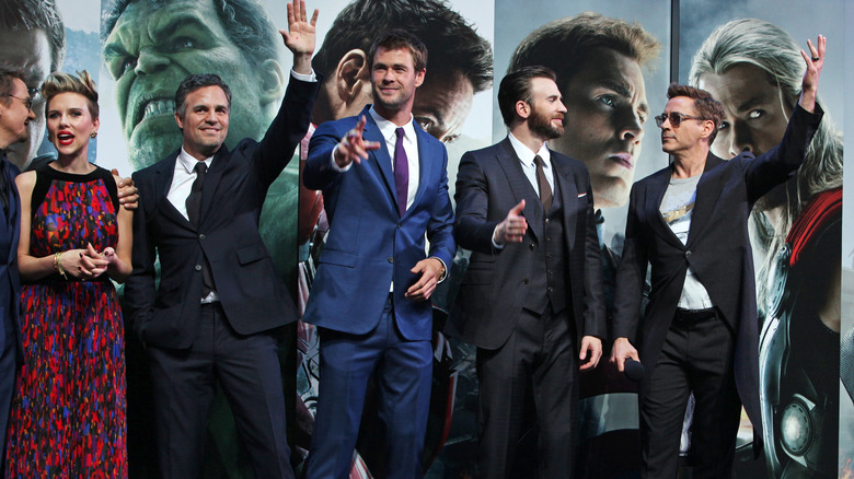 Cast of Avengers: Age of Ultron waving