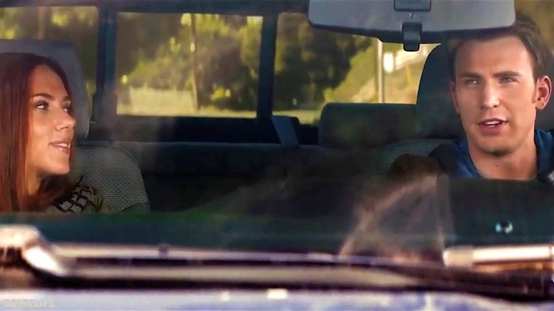 Scarlett Johansson and Chris Evans in a truck in "Captain America: The Winter Soldier"