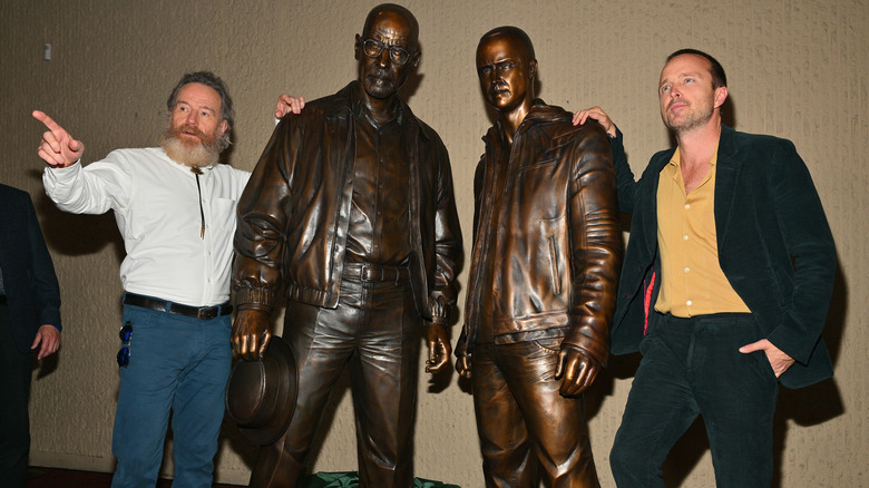 Aaron Paul and Bryan Cranston with the Breaking Bad statues