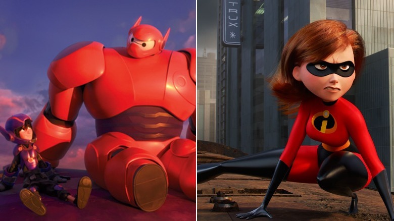 Hiro and Baymax sitting on building, Elastigirl kneeling on a train