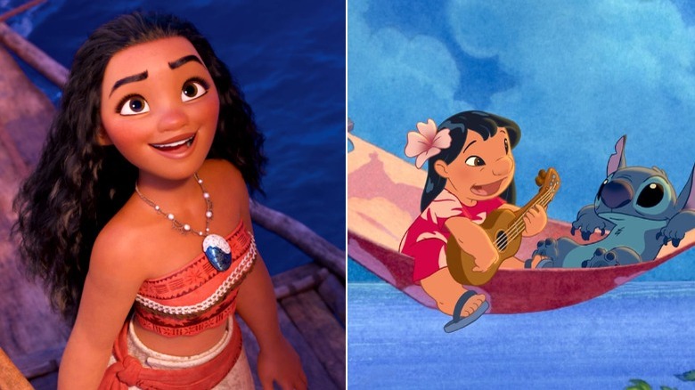 Moana sailing and Lilo & Stitch singing in hammock