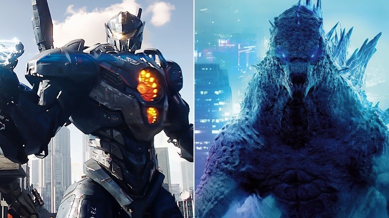 Gipsy Danger aiming a gun, Godzilla preparing atomic breath