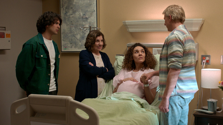 Miguel, Carmen, Johnny and Rosa in the hospital waiting for Carmen to give birth in "Cobra Kai"