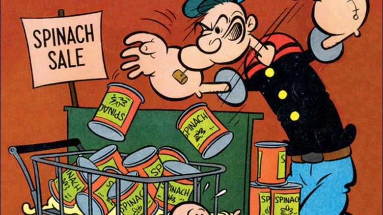 Popeye enthusiastically buying spinach