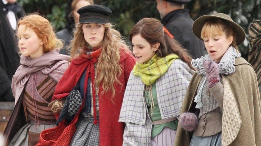 Saoirse Ronan as Josephine "Jo" March, Emma Watson as Margaret "Meg" March, Florence Pugh as Amy March, and Eliza Scanlen as Elizabeth "Beth" March in Little Women