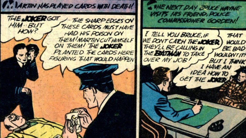 Bruce Wayne and Commissioner Gordon discuss the Joker, from DC Comics