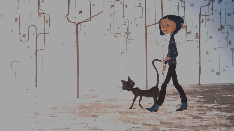 Coraline walking with black cat