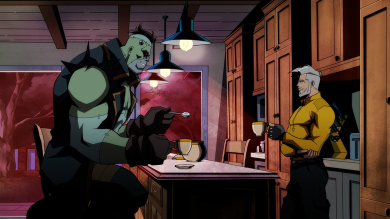 Frankenstein and Rick Flagg Sr. hold teacups in "Creature Commandos" (2024)