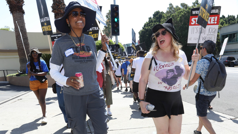 Aisha Tyler and Kirsten Vangsness on picket line