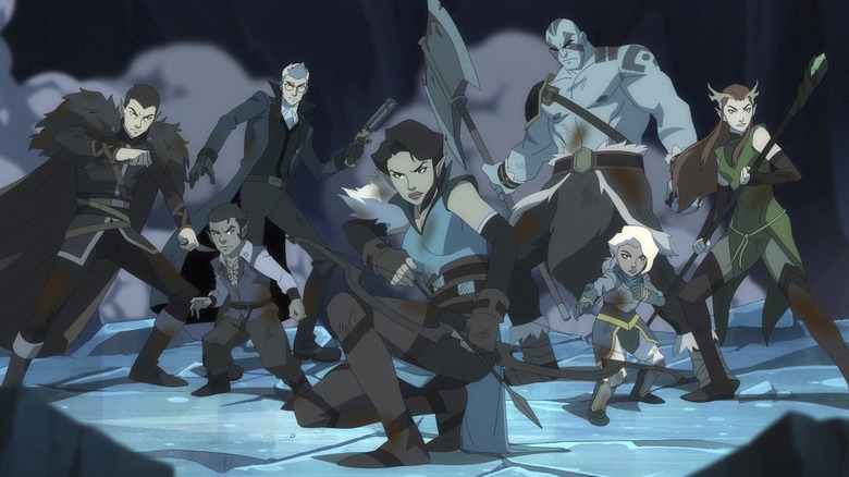 Vox Machina crew in front smoke