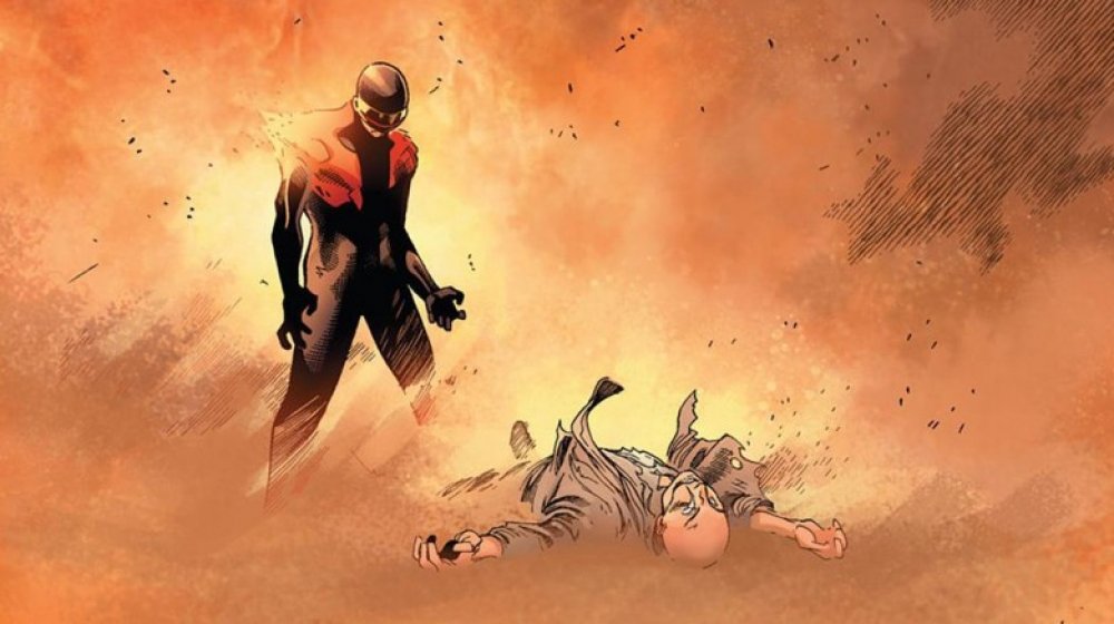 Scott Summers, AKA Cyclops, standing over Charles Xavier's body