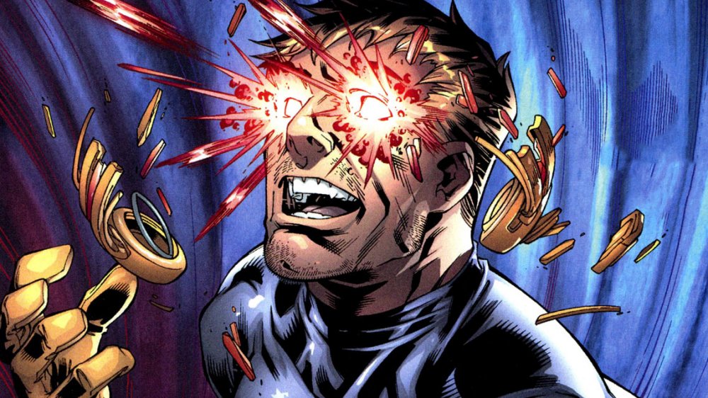 Scott Summers, AKA Cyclops, shattering his Ruby-Quarz visor with his optic blasts