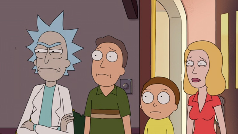 Rick, Jerry, Morty and Beth greet Mr. Nimbus