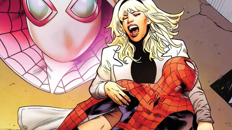 Gwen Stacey holding Spider-Man's body