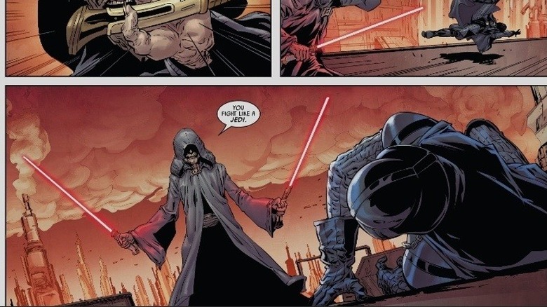 Palpatine standing over a defeated Darth Vader