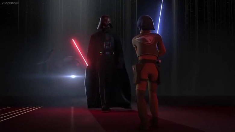 Darth Vader holding lightsaber against Eza Bridger