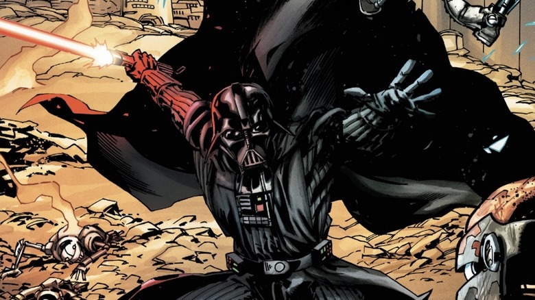 Darth Vader fighting with his red lightsaber