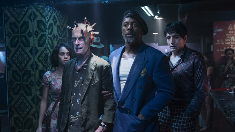 Daniela Melchior, Peter Capaldi, Idris Elba and David Dastmalchian in "The Suicide Squad"