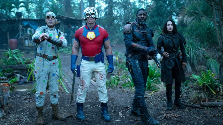 David Dastmalchian, John Cena, Idris Elba and Daniela Melchior in "The Suicide Squad"