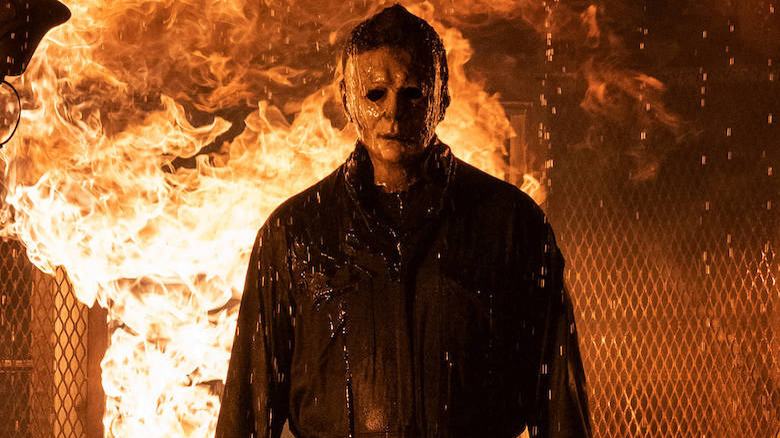 Michael Myers coming from a burning building