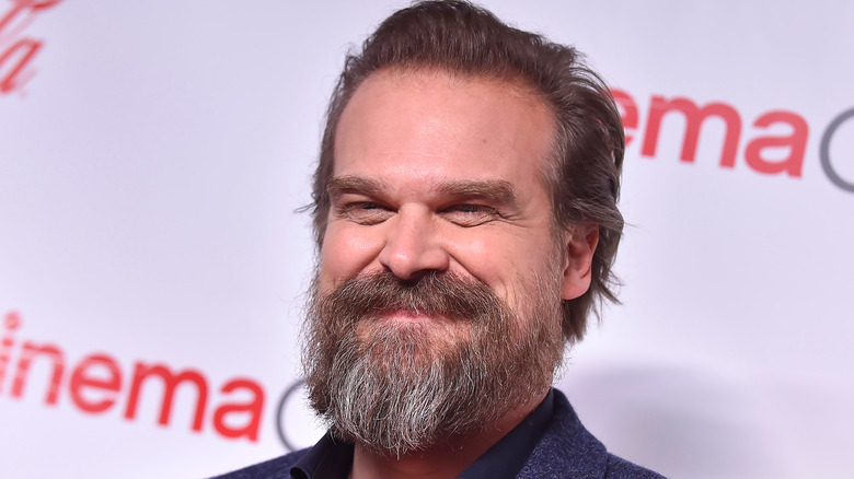 David Harbour smiling against a white and red backdrop