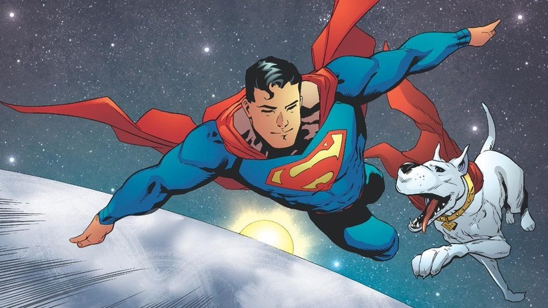 Superman flying with Krypto