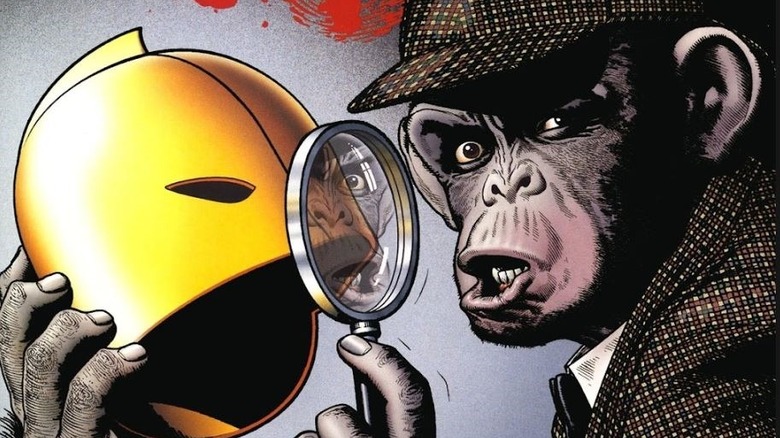 Detective Chimp investigating helmet