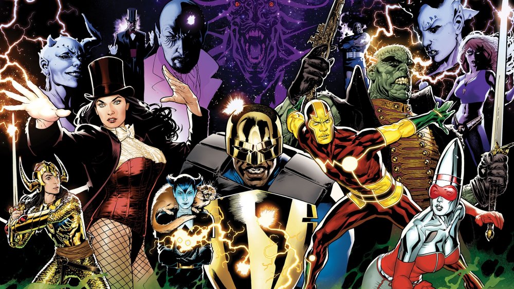 The Seven Soldier and their enemies by Ryan Sook — From left to right: Shining Knight, Gloriana Tenebrae, Zatanna, Zor, Mr. Melmoth, Klarion and Teekl, Neh-buh-loh, Manhattan Guardian, Mister Miracle, Darkseid, Frankenstein, Buleteer Gloriana, and Sally Sonic