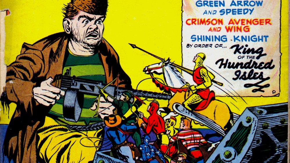 The Seven Soldiers by Louis Cazeneuve — From left to right: Vigilante, Green Arrow, Star-Spangled Kid, Crimson Avenger and Wing, Speedy, Stripesy, and the Shining Knight
