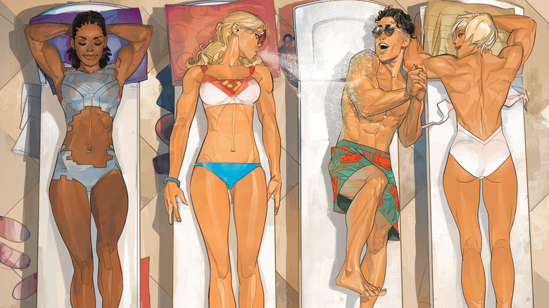 Natasha Irons, Supergirl, Superboy and Power Girl on beach