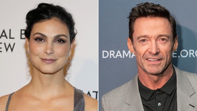 Morena Baccarin and Hugh Jackman at event smiling