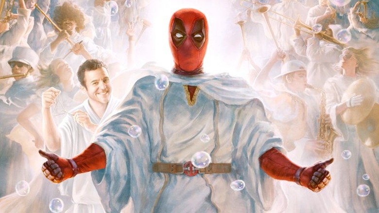 Deadpool clad in angelic robes